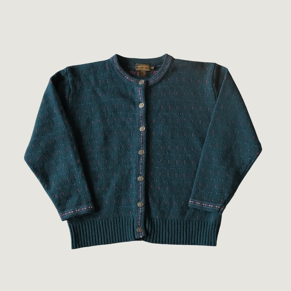 Eddie Bauer Cardigan Sweater Teal Green Wool Blend Snowflake Button Med Vintage